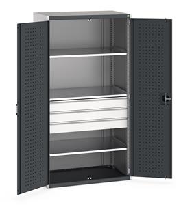 Bott cubio kitted cupboard with lockable steel perfo lined doors 1050mm wide x 650mm deep x 2000mm high.  Supplied with 3 x 125mm high drawers and 3 x metal shelves.   Drawer capacity 75kgs, shelf capacity 100kgs.... Bott1050mm Wide Industrial Tool Cupboards